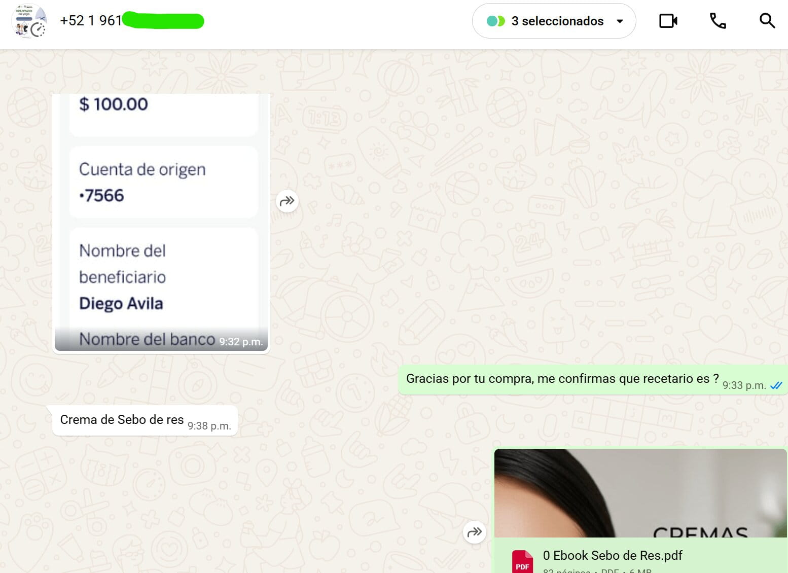 Confirmación de recetario de sebo de res en chat